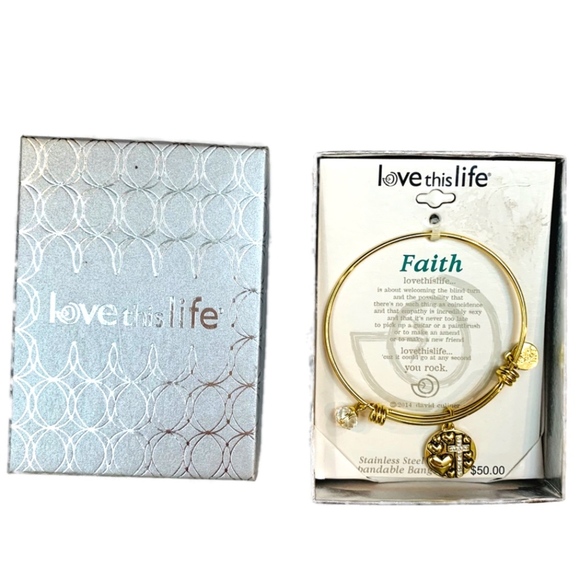 LOVE THIS LIFE Bracelet Bangle Faith Cross Crystal Charm Gold Tone - Picture 5 of 6